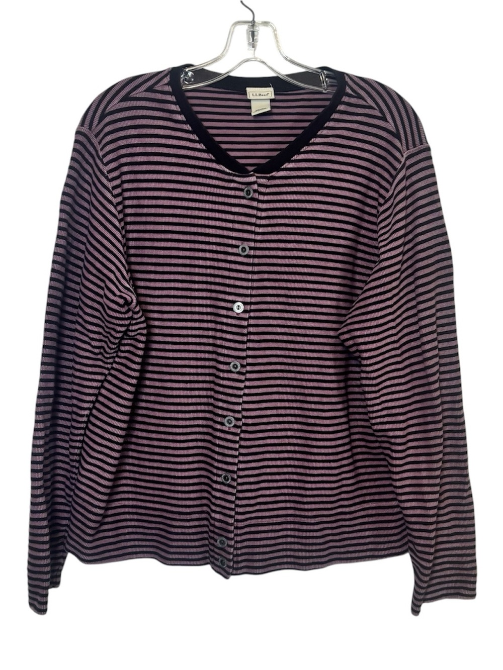 L.L. Bean Black and Pink Striped Button-Front Cardigan